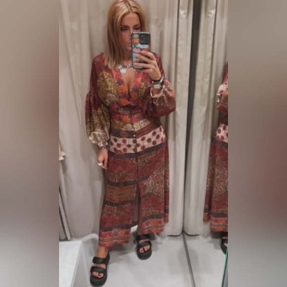 ZARA BOHO PATCHWORK PRINTED MIDI DRESS - Picture 4 of 11